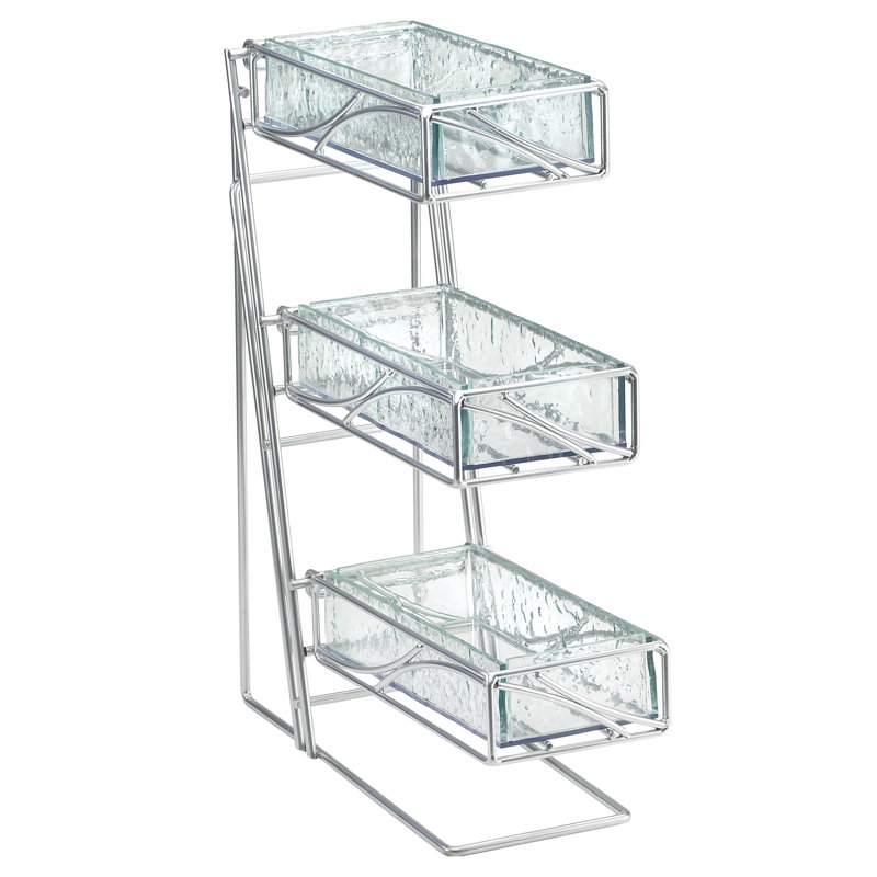 Présentoir à couverts / condiments en métal à 3 niveaux avec bacs en faux verre Platinum, Transparent