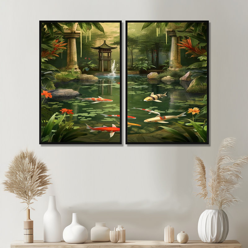 Bambou et étang Koi Showcase I - impressions florales de bambou sur toile, 2 panneaux, 36" H x 48" W, Black