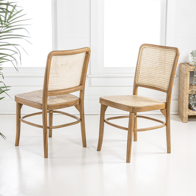 Colmar Mid-Century Natural Teak Wood & Woven Rattan Cane Back Dining Chairs, 17.7"W Armless Side Chairs for Dining Room & Kitchen