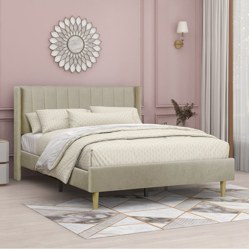 Eriksay Low Profile Upholstered Platform Bed with Wingback Headboard, Queen, Beige Linen