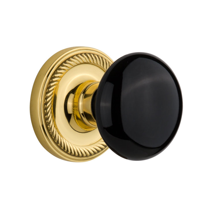 Rosette corde avec bouton de porte en porcelaine noire, 2-3/4", Laiton non laqué