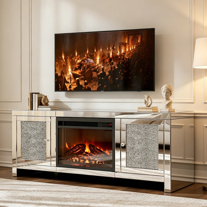 Silver Mirrored Fireplace TV Stand, Modern TV Stand Entertainment Center with Fireplace - Storage Cabinets, Adjustable Heat & 3D Flame Effect, Crushed Diamonds, Fits Tvs Up To 55"+