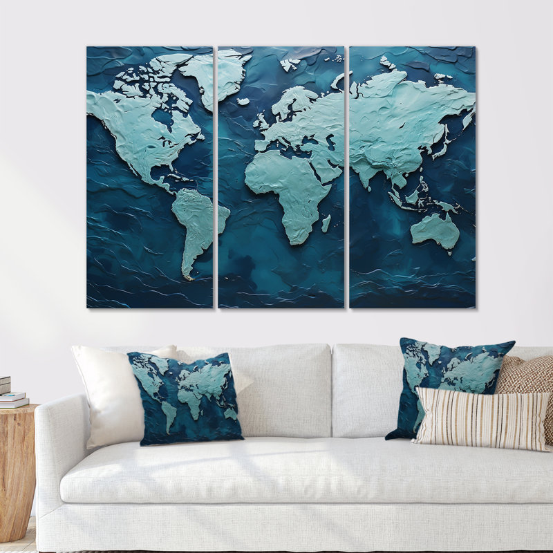 Carte du monde océanique ombrée - ensemble d'art mural carte du monde, H 28 po x l 36 po x P 1 po, Toile tendue
