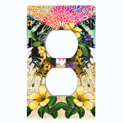 Plaque murale à interrupteur à bascule vert avec fleurs jaunes et arc-en-ciel Mandala