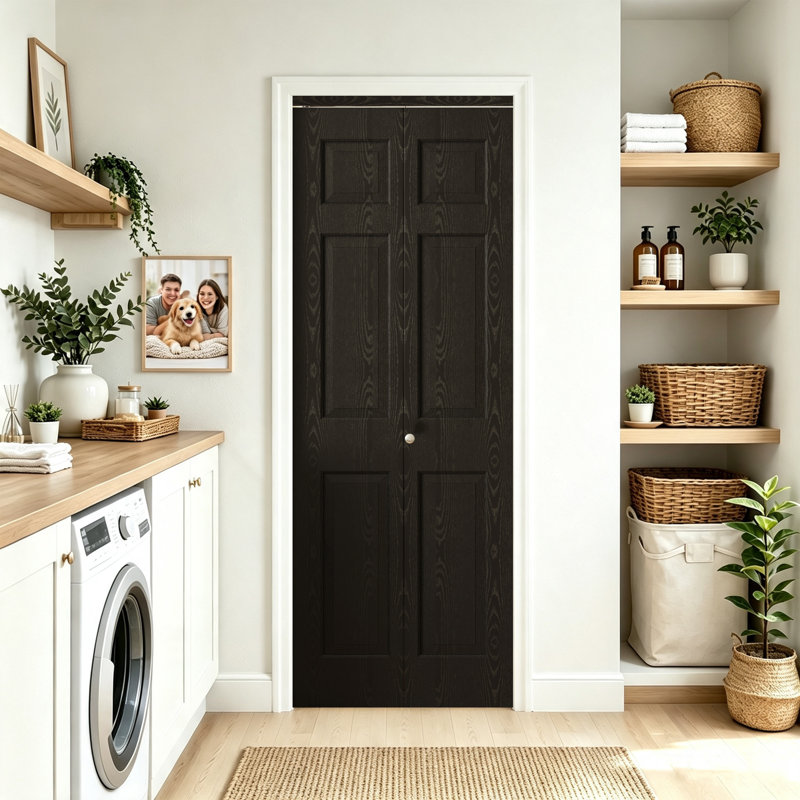 Porte pliante en bois manufacturé pré-fini à 6 panneaux noir amélioré, cadre de porte assorti complet inclus, 30" x 80", Noir