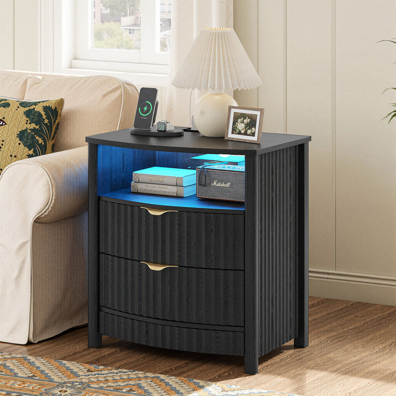 19.7"W 2 Drawer Nightstand With Light, Black Willow Wood