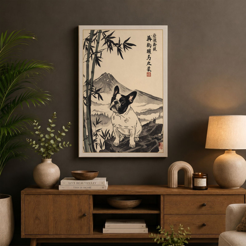 Cat Among Bamboo Japandi - Wrapped Canvas, 24x16 - 61.0 x 40.6 cm, White Border