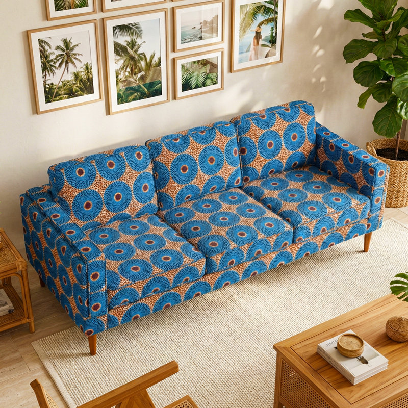 Canapé rembourré de style Mid-Century, tissu à motif géométrique circulaire bleu audacieux, pieds en bois massif, canapé de salon spacieux (3 places)