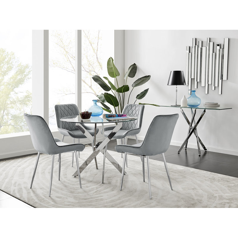 Tierra Modern Metal & Glass Round Dining Table Set with 4 Luxury Velvet Dining Chairs, Grey/Silver