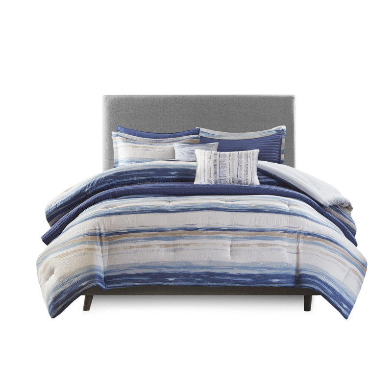Premium 8 Piece Blue Seersucker Bedding Set, Soft Polyester For Home
