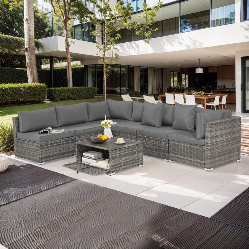 7 Piece Outdoor Sectional Furniture Patio Furniture Set With Adjustable Backrest, Gray, Gray