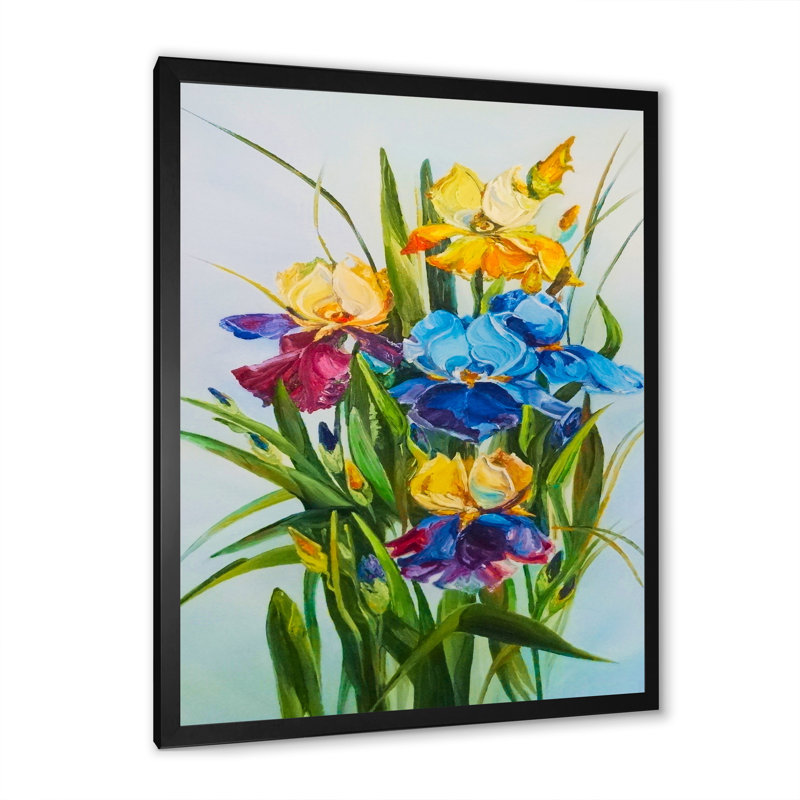 Bouquet d'iris bleus et mauves - peinture, Cadre photo noir, H 20 po x l 12 po x P 1 po