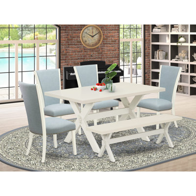 L'ensemble de table de salle à manger 6 pièces contient une table de salle à manger rectangulaire et 4 chaises Parson en tissu bleu bébé avec banc, lin blanc 