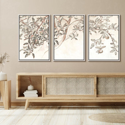 " Ethereal Cherry Blossoms Soft Floral Elegant Framed Illustration Modern Decor Relax Calm Chic " 3 - Pieces