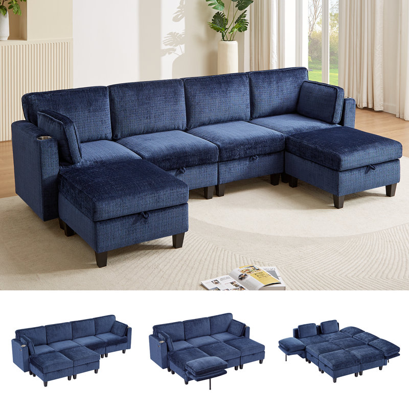 110" Blue Chenille U-Shaped Sectional Sofa with Storage and Cup Holder