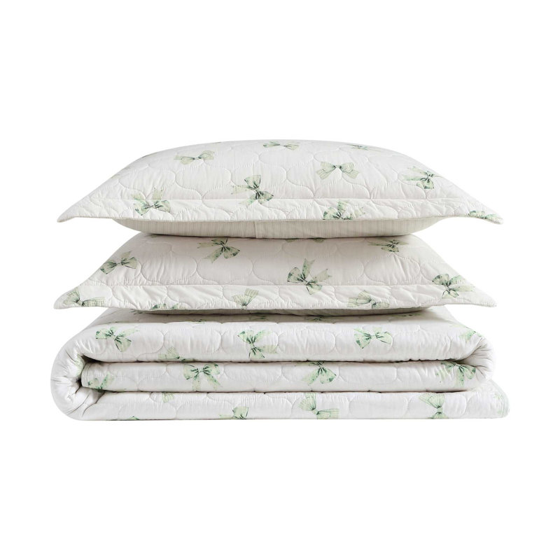 Laura Ashley Bouncy Bows Cotton Reversible Green Quilt Set, Queen Quilt + 2 Standard Shams