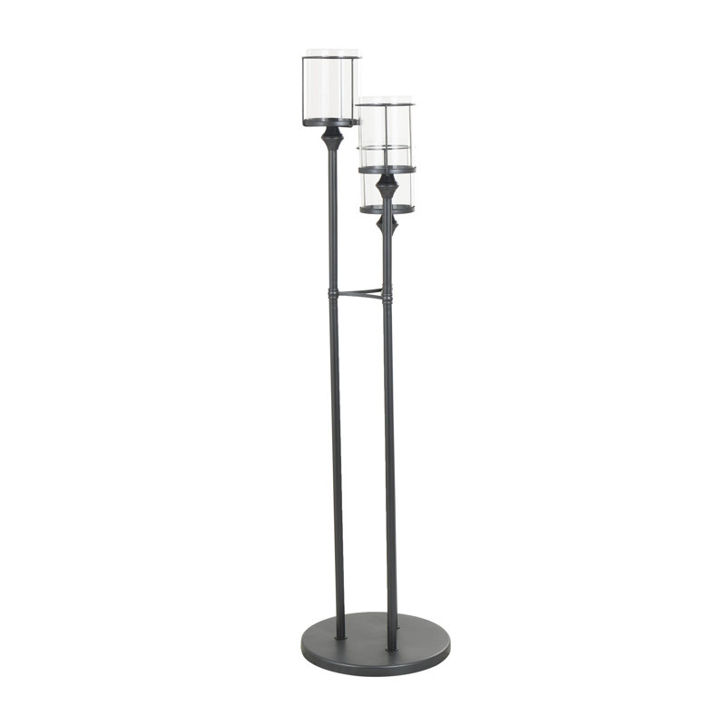 Metal Tall Floor Black Hurricane Lamp with 3 Posts and Round Base