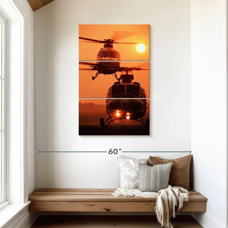 Atterrissage au coucher du soleil en hélicoptère Mehar, H 57 po x l 36 po