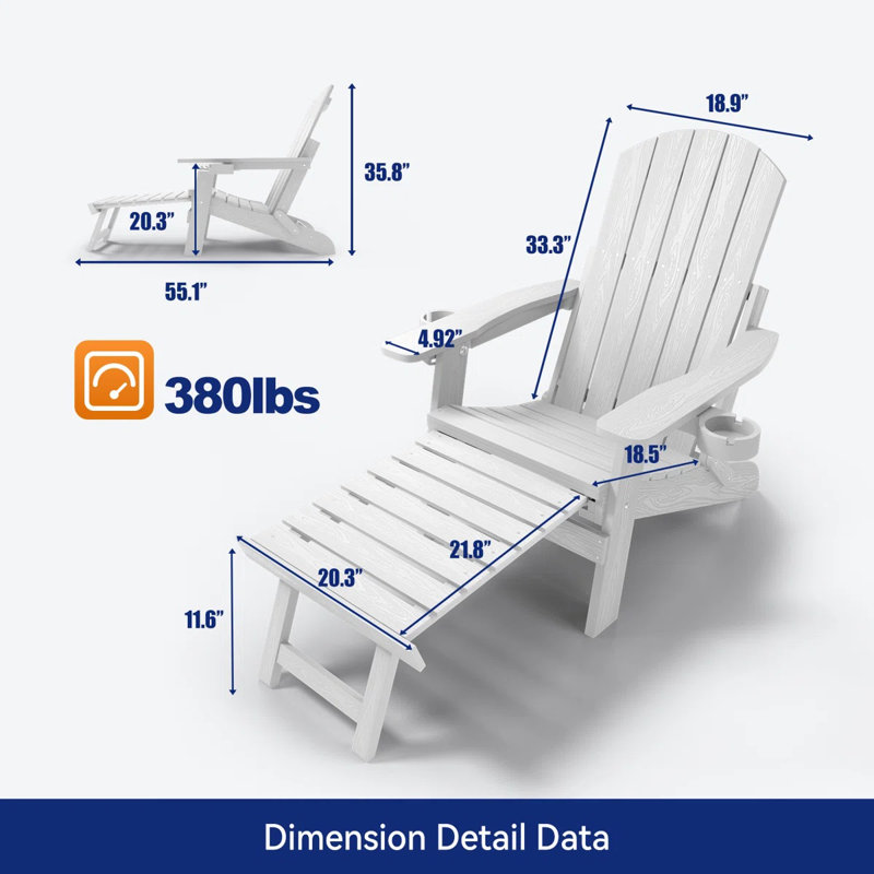 Ensemble de 2 chaises Adirondack pliables d'extérieur avec repose-pieds, Blanc