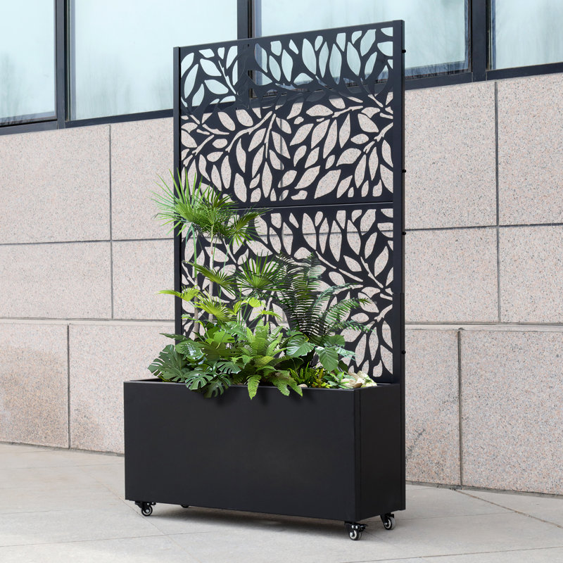 Boîte à fleurs roulante en métal 36 po x 64 po x 12 po avec treillis découpé au laser, boîte à fleurs moderne en acier pour une utilisation intérieure / extérieure