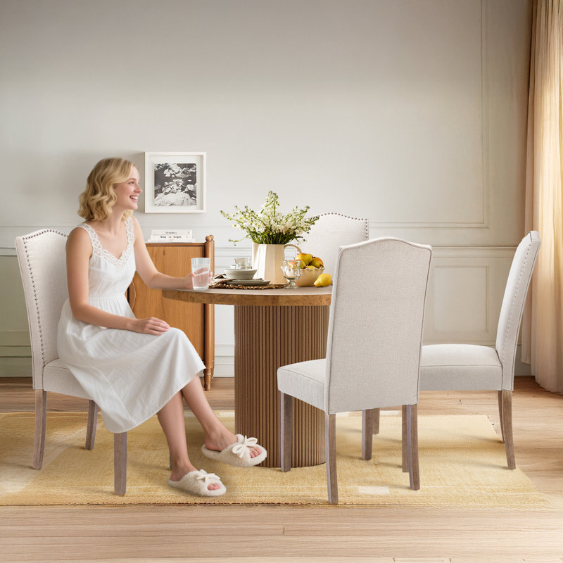 Upholstered Fabric Nailhead Trim Wood Dining Chairs Side Chair, Beige