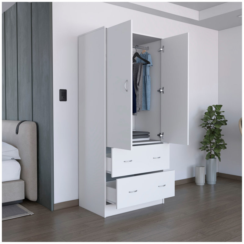 Armoire H 71 po avec deux portes, deux tiroirs et une tringle, Blanc