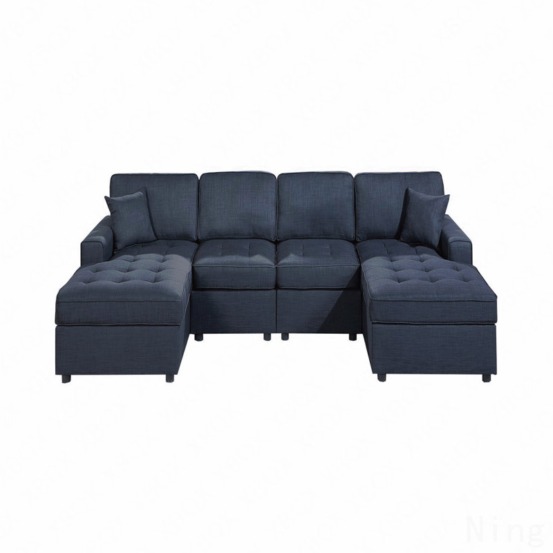 Contemporary Style Sectional Sofa Set Raf And Laf Chaise Armless Chairs Dark Blue Color Dorris Fabric Tufted Couch Pillows Living Room