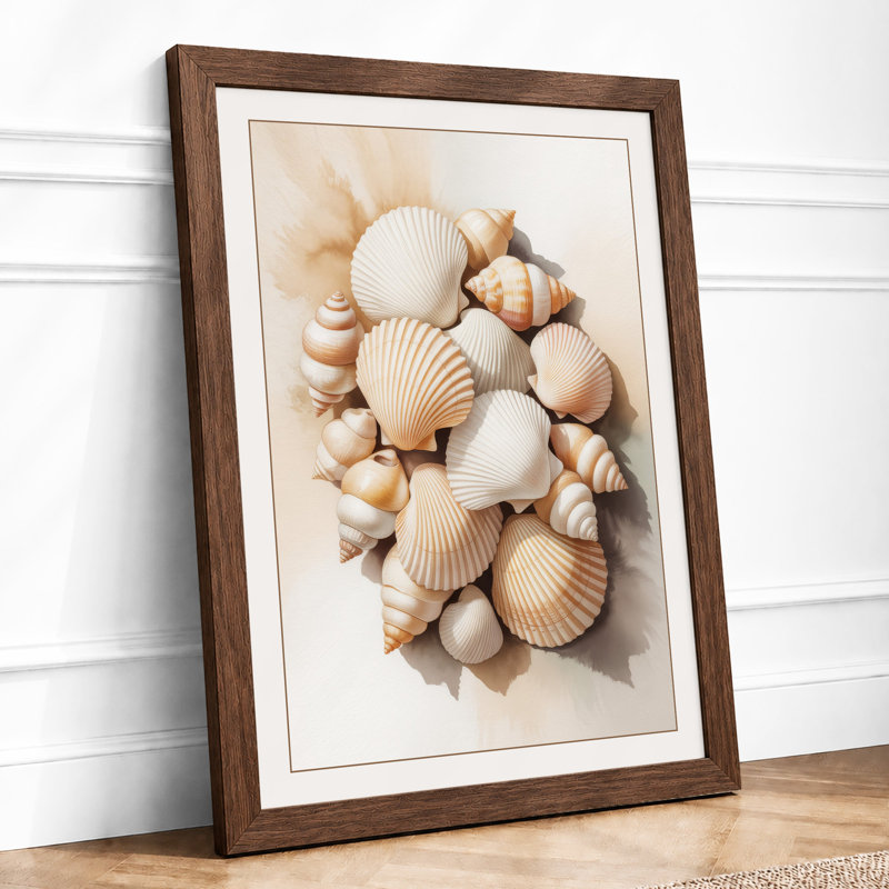 Shells in Circle Coastal - Framed Print, A2 - 59.4 x 42.0 cm, Walnut