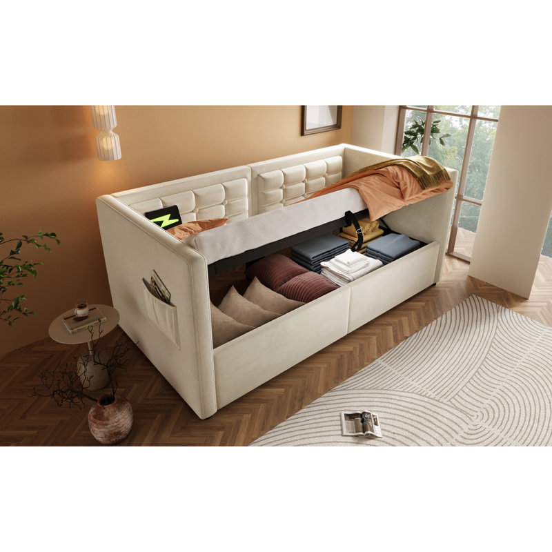 Beige Velvet Upholstered Twin Daybed With Hydraulic Storage Bed Frame, Type - C Charging, Wooden Slats, And Back, Ideal For Student Dormitories Frame & Daybed, Storage, Back Functionality