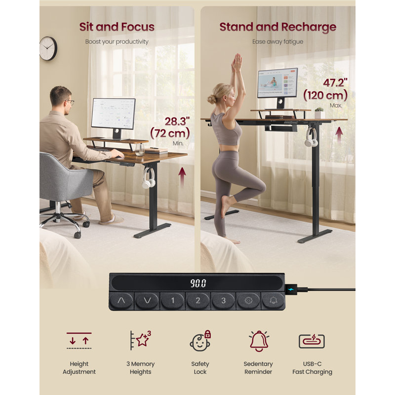 Adjustable Metal Base Standing Desk, 160cm W x 80cm D , Brown/Black