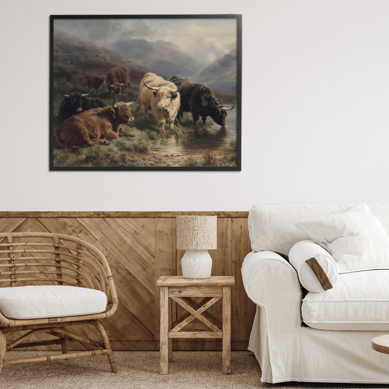 Highland Cows Beside Misty Loch, estampe numérique, design par Arlington Prints, 24 x 30, Giclée noire de minuit encadrée