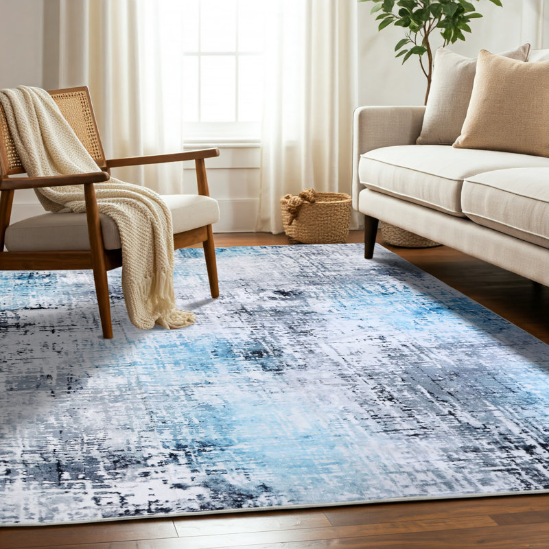 Delara Blue Machine Washable Area Rug – Non-Slip, Stain Resistant, GRS Certified, for Bedroom, Living & Dining