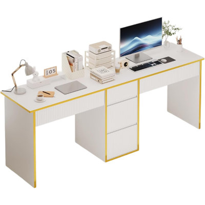 Two Person Desk with Drawers, 78.72 Inch Extra Long Computer Desk with 5 Storage Drawers, Study Writing Desk with Storage Shelves for Home Office, Gol