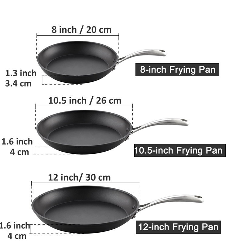 3-Piece Black Aluminum Nonstick Frying Pan Set with Stainless Steel Handles