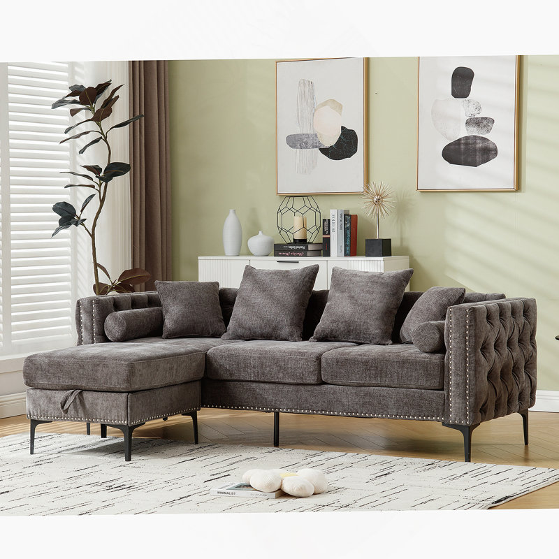 L Shaped Sectional Sofa , Convertible Storage Ottoman,Chenille ,Square Arm, Dark Gray Chenille