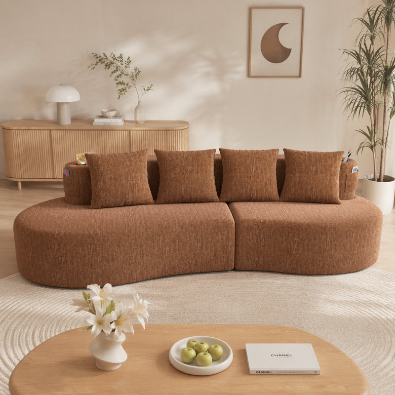 Canapé modulaire incurvé moderne 3 places, Chenille orange, Orange