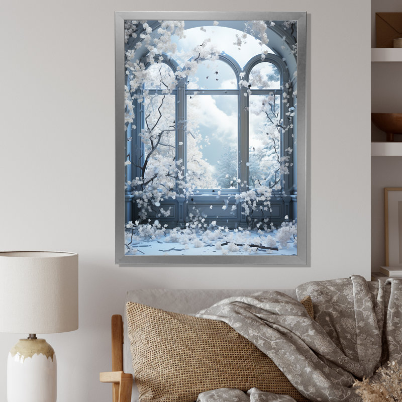 «Winter Frosty Curch Window View - Winter Landscape», art mural, Gold Picture Framed, 20" H x 12" W