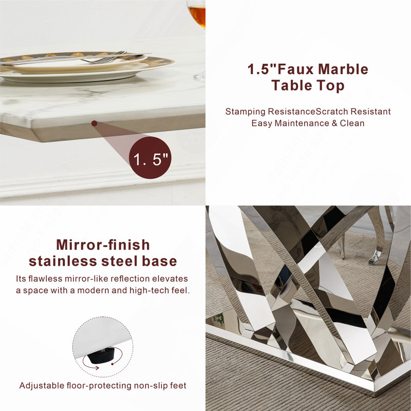 Dining Table For 6 People, 70" Rectangle Dining Table With Mirrored Finish Stainless Steel Base, Modern Kitchen Table(Only Table)