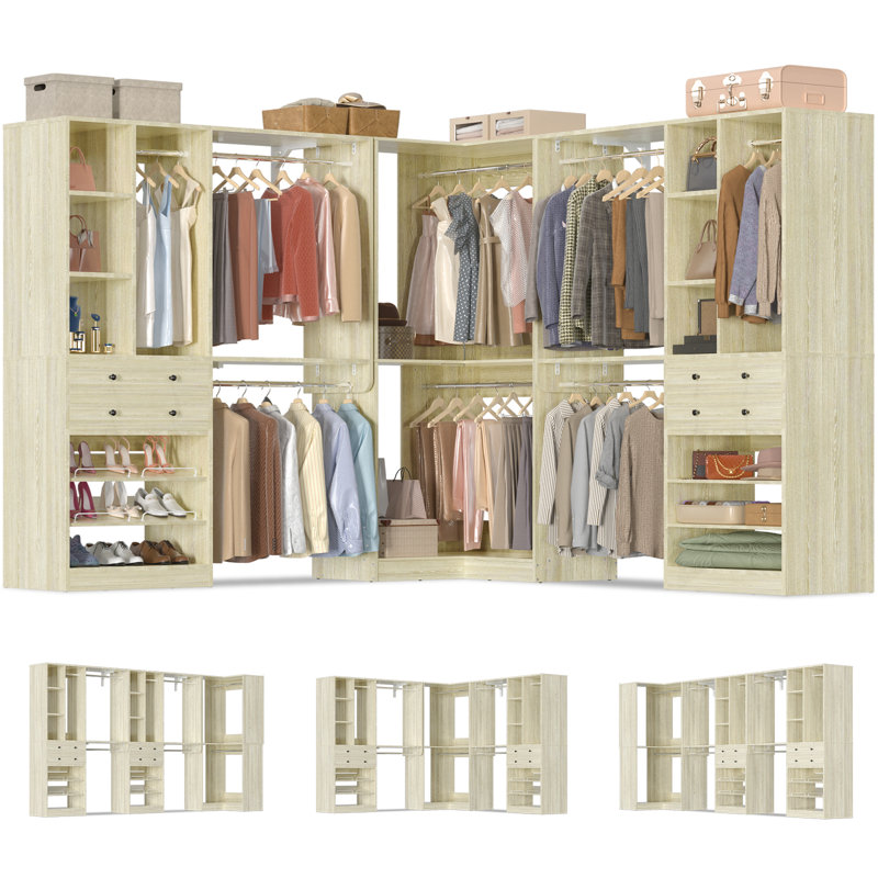 Navada 90.5"-149.5" Closet System with Wooden Drawers and Shoe Racks, Washed Oak