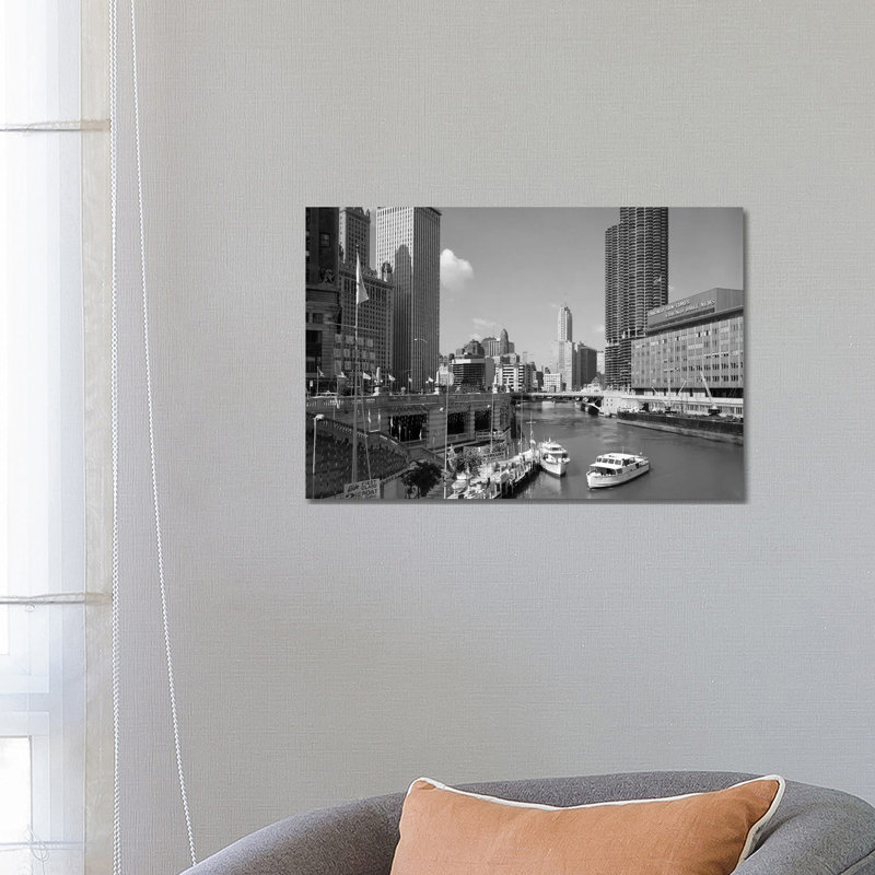 1960s Chicago River from Michigan Avenue Sun Times Building on Right and Boats in River 1 Piece Wrapped Canvas Wall Art