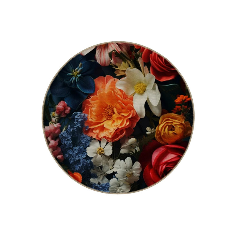 Woven Base Modern Decorative Carpet With Colorful Flower Details, Round 2'8"