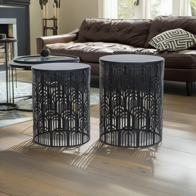 Set Of 2 Hollow-Carved Round Metal End Tables