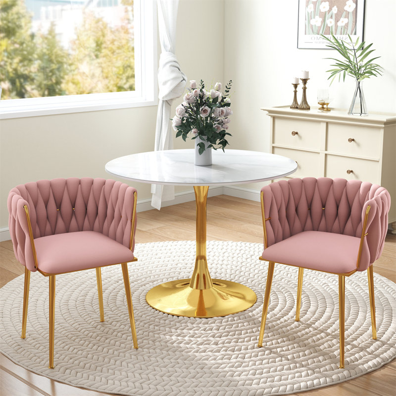 Round Pedestal Dining Set with Woven Dining Chair, Pink
