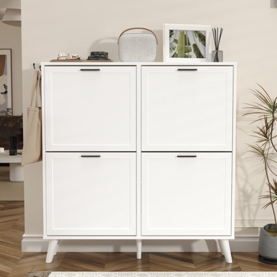 Large Shoe Cabinet Fit Up To Shoe Size 16, Freestanding Shoe Organizer With 4 Flip Drawers, Narrow Wooden Shoe Rack For Entryway, Closet, Living Room