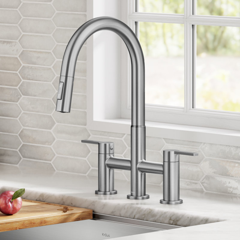 KRAUS Oletto Bridge Kitchen Faucet with Pull-Down Sprayhead, Stainless Steel