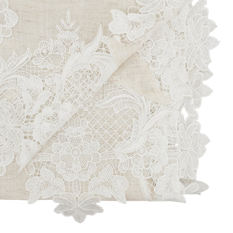 Beige Polyester Table Runner with Lace Border, 58" x 13"