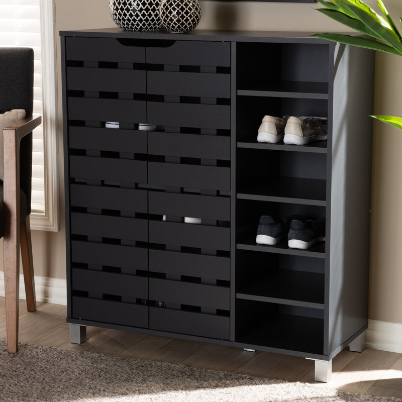 Modern and Contemporary  2 Door Wood 24 Pair Shoe Storage Cabinet with Open Shelves