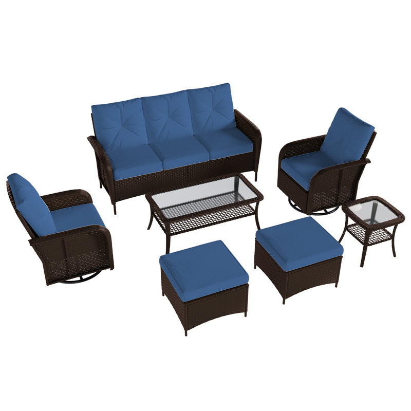 Ensemble de conversation d'extérieur en osier 7 pièces avec chaises pivotantes et repose-pieds, ensemble de mobilier de patio avec coussins, table basse et table d'appoint