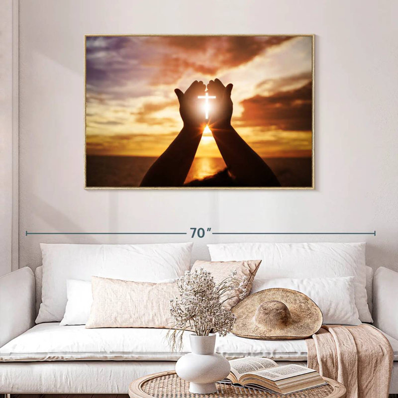 Croix de soleil brillante, Cadre flottant en bois naturel, 46 po x 31 po