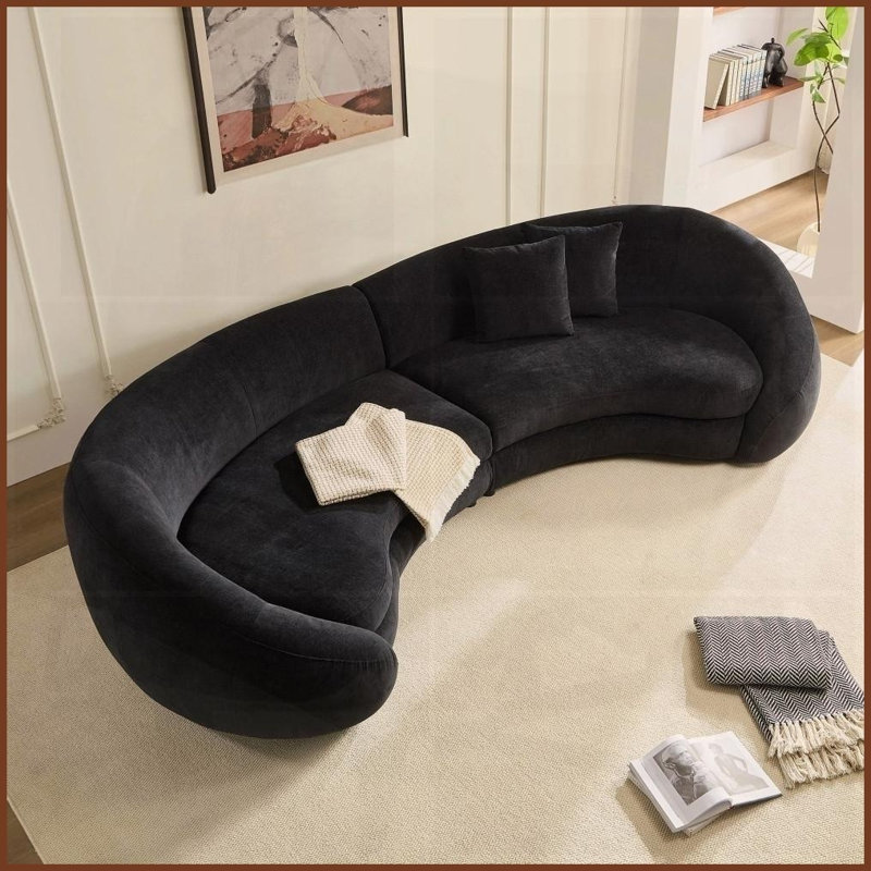 Canapé incurvé moderne en tissu doux de 125,98 po de largeur avec motif en forme de cœur pour le salon, Noir